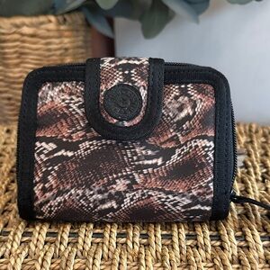 Kipling snakeskin Brown Black white nylon snap closure credit card slots Wallet